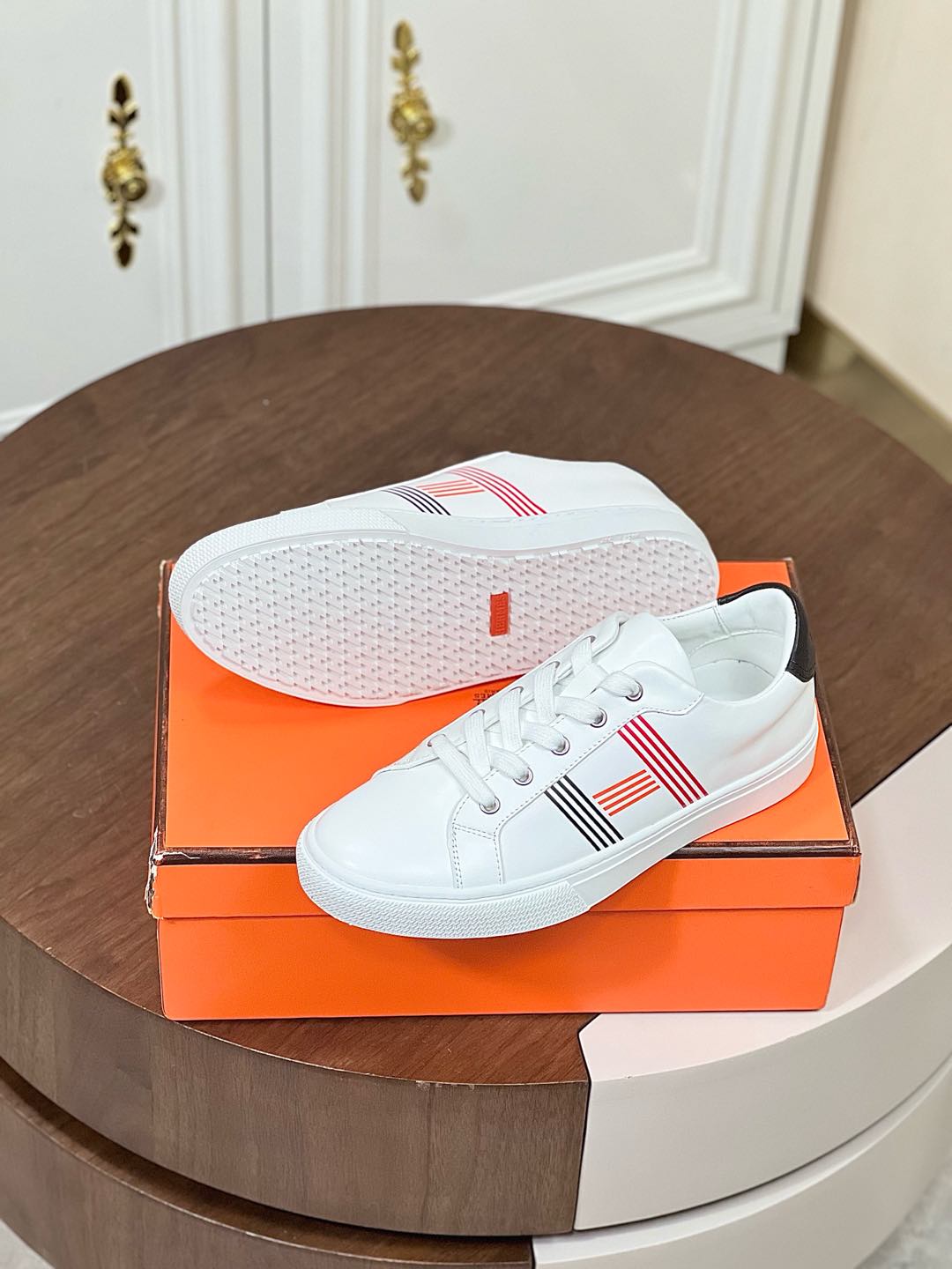 Hermes  Calfskin Womens Advantage Sneakers 36 White Orange