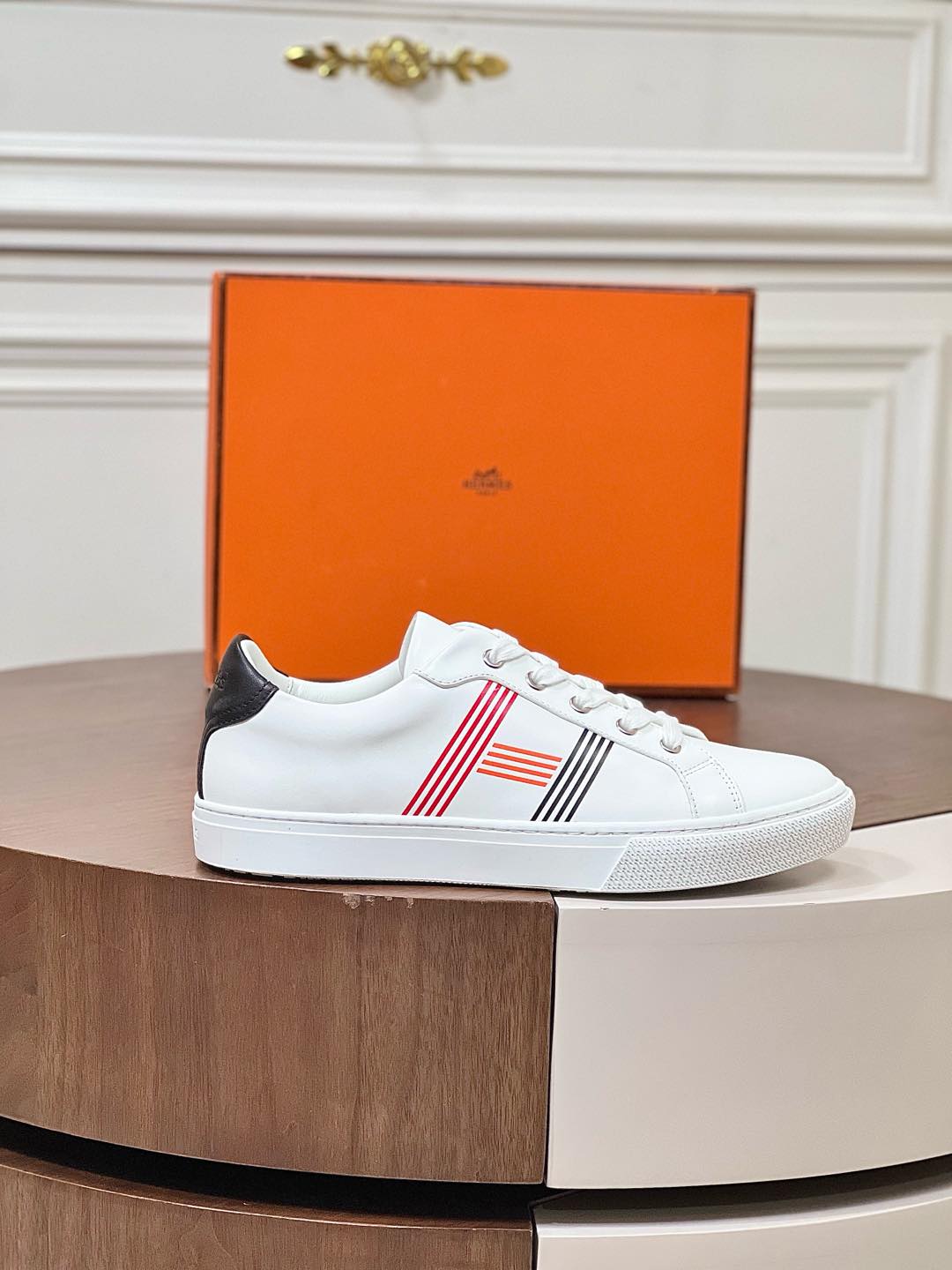 Hermes  Calfskin Womens Advantage Sneakers 36 White Orange