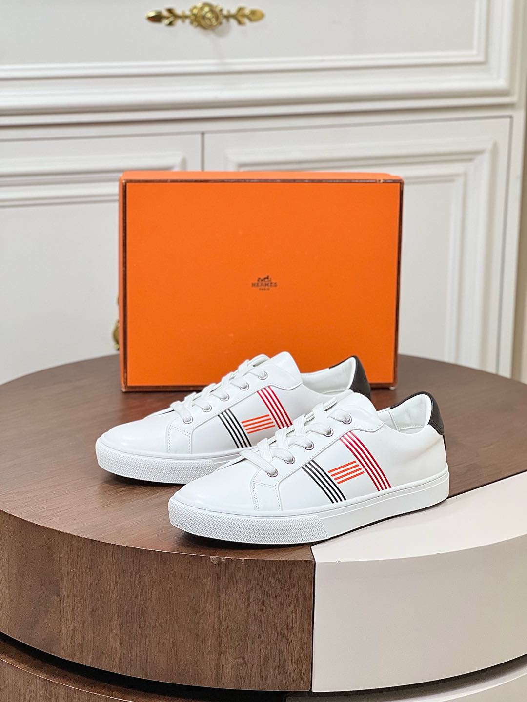Hermes  Calfskin Womens Advantage Sneakers 36 White Orange
