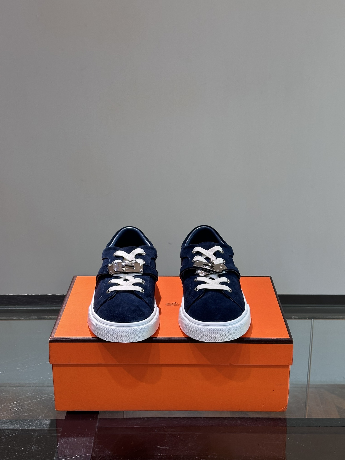 Hermes  Chevre Velours Day Mens Sneakers Bleu Celeste