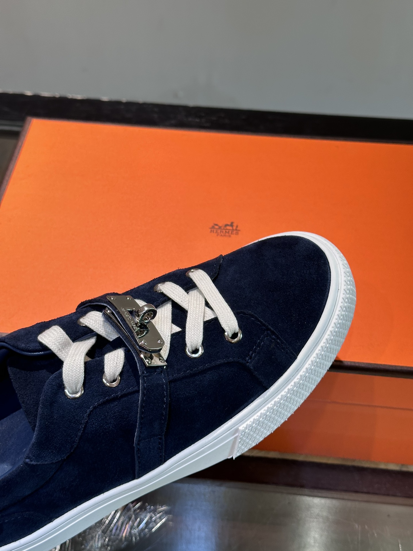 Hermes  Chevre Velours Day Mens Sneakers Bleu Celeste