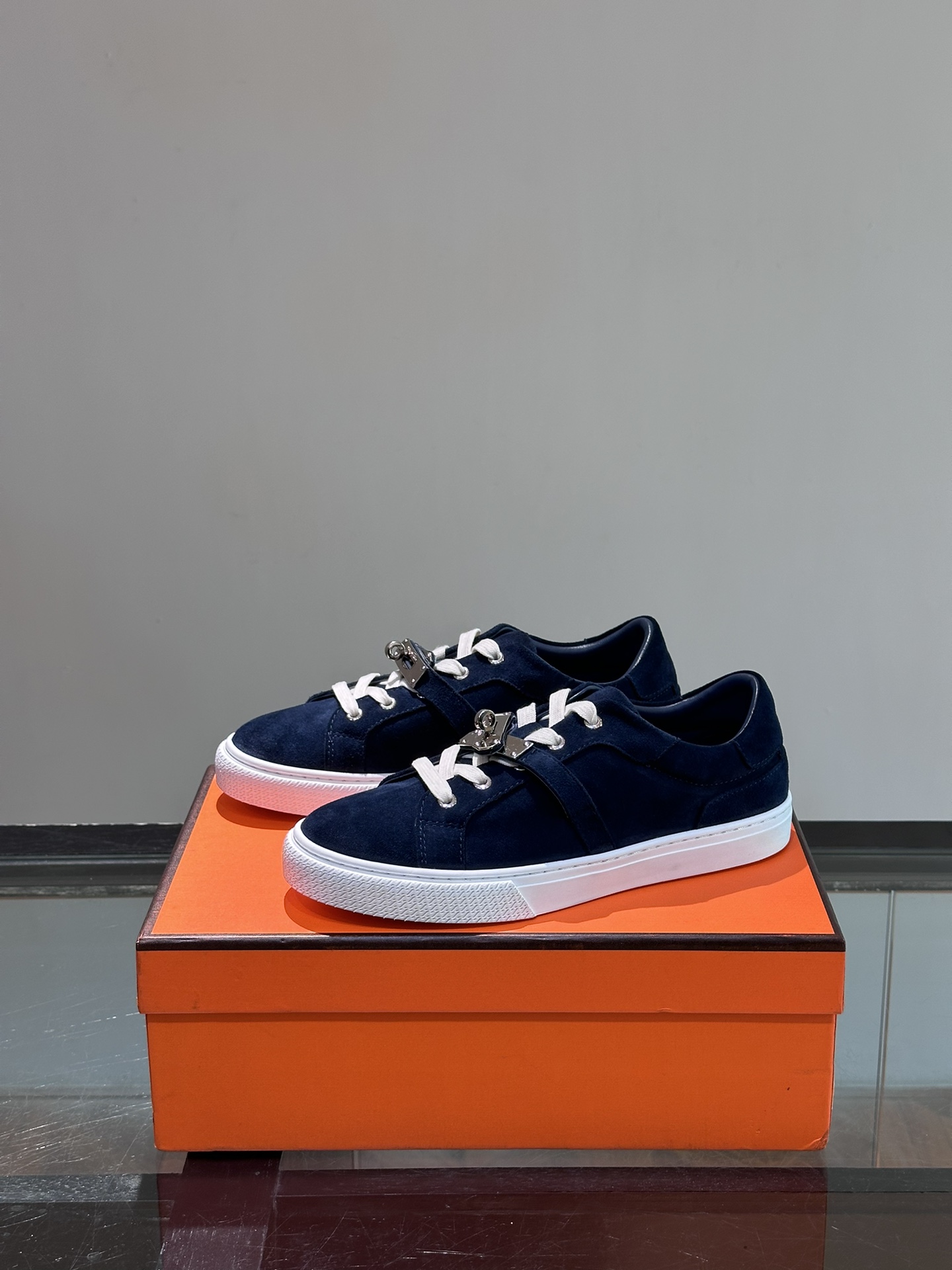 Hermes  Chevre Velours Day Mens Sneakers Bleu Celeste