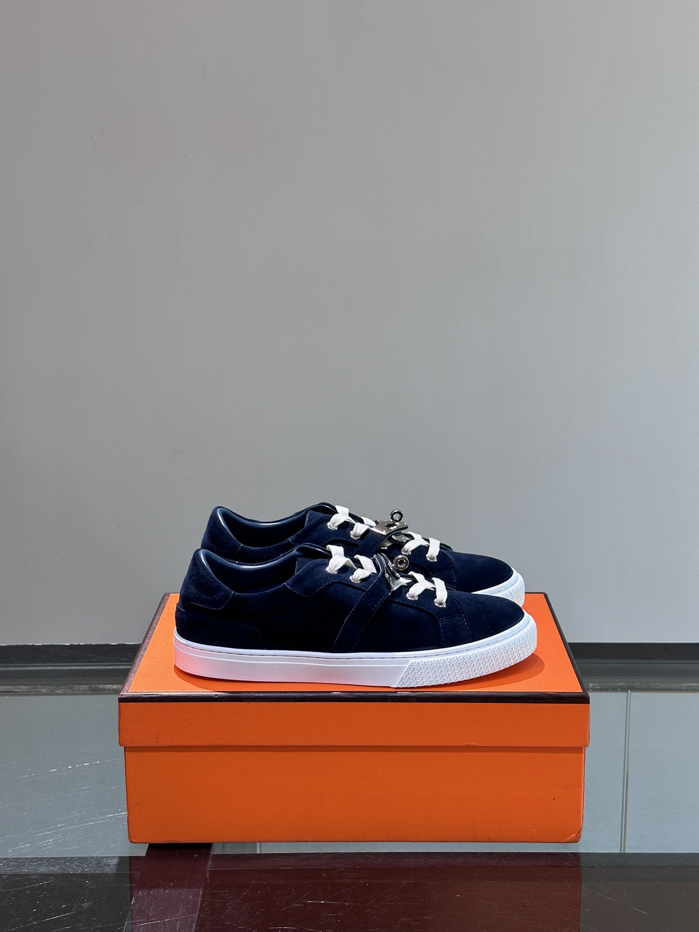 silver Hermès Navy Suede Sneakers - Hermès Navy Suede Sneakers