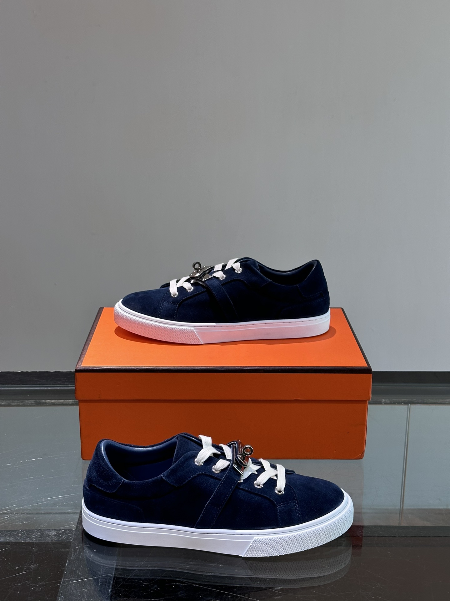 Hermes  Chevre Velours Day Mens Sneakers Bleu Celeste
