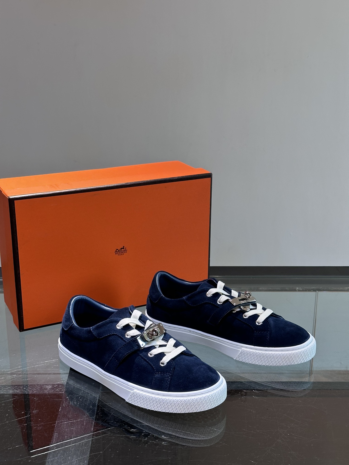 Hermes  Chevre Velours Day Mens Sneakers Bleu Celeste