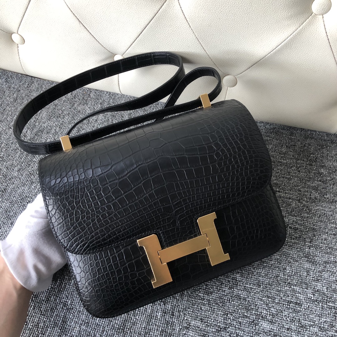Hermes Constance 24 Black Alligator Crocodile Skin Glod
