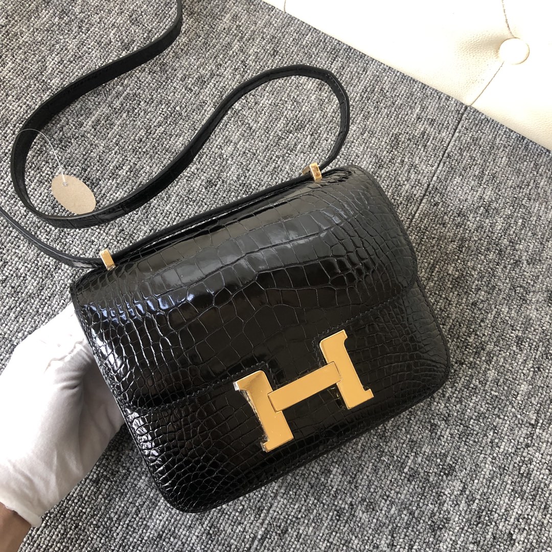 Hermes Constance 24 Black Alligator Crocodile Skin Glod