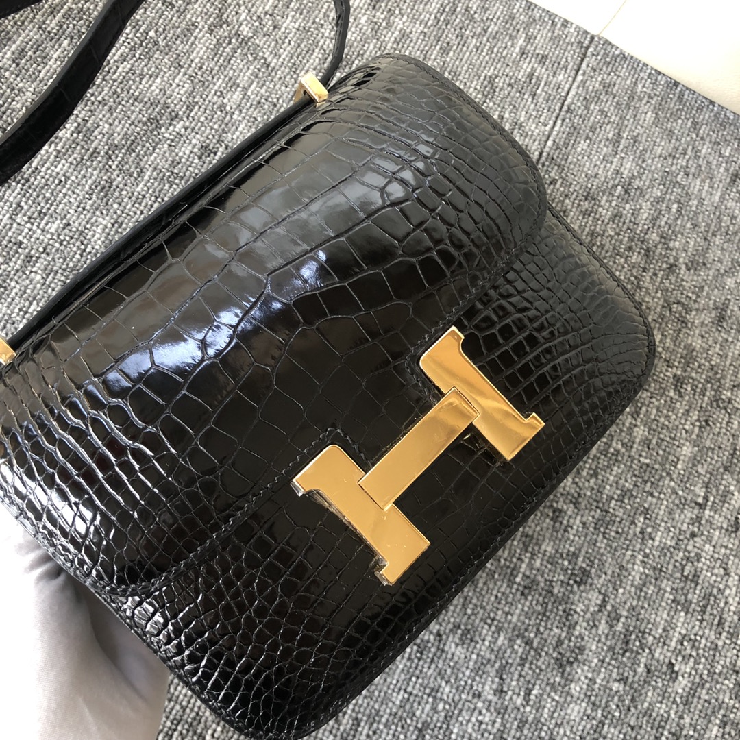 Hermes Constance 24 Black Alligator Crocodile Skin Glod