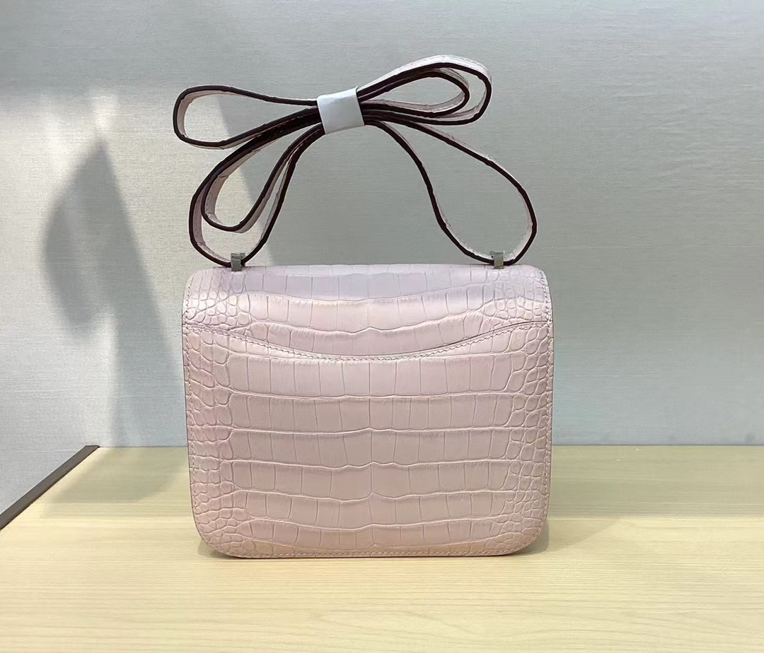 HERMES CONSTANCE MATTE ALLIGATOR CROCODILE DUSKY PINK SILVER HARDWARE 19 FULL HANDMADE