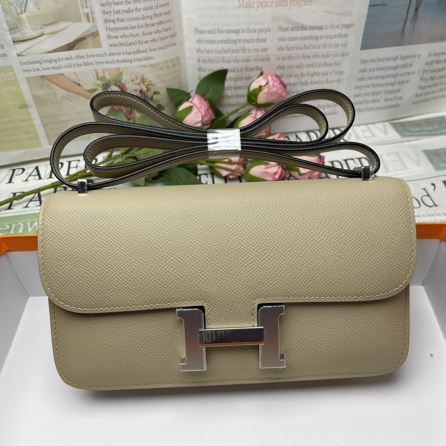 Hermes Constance Rectangular Flap Bag in Khaki logo Silver