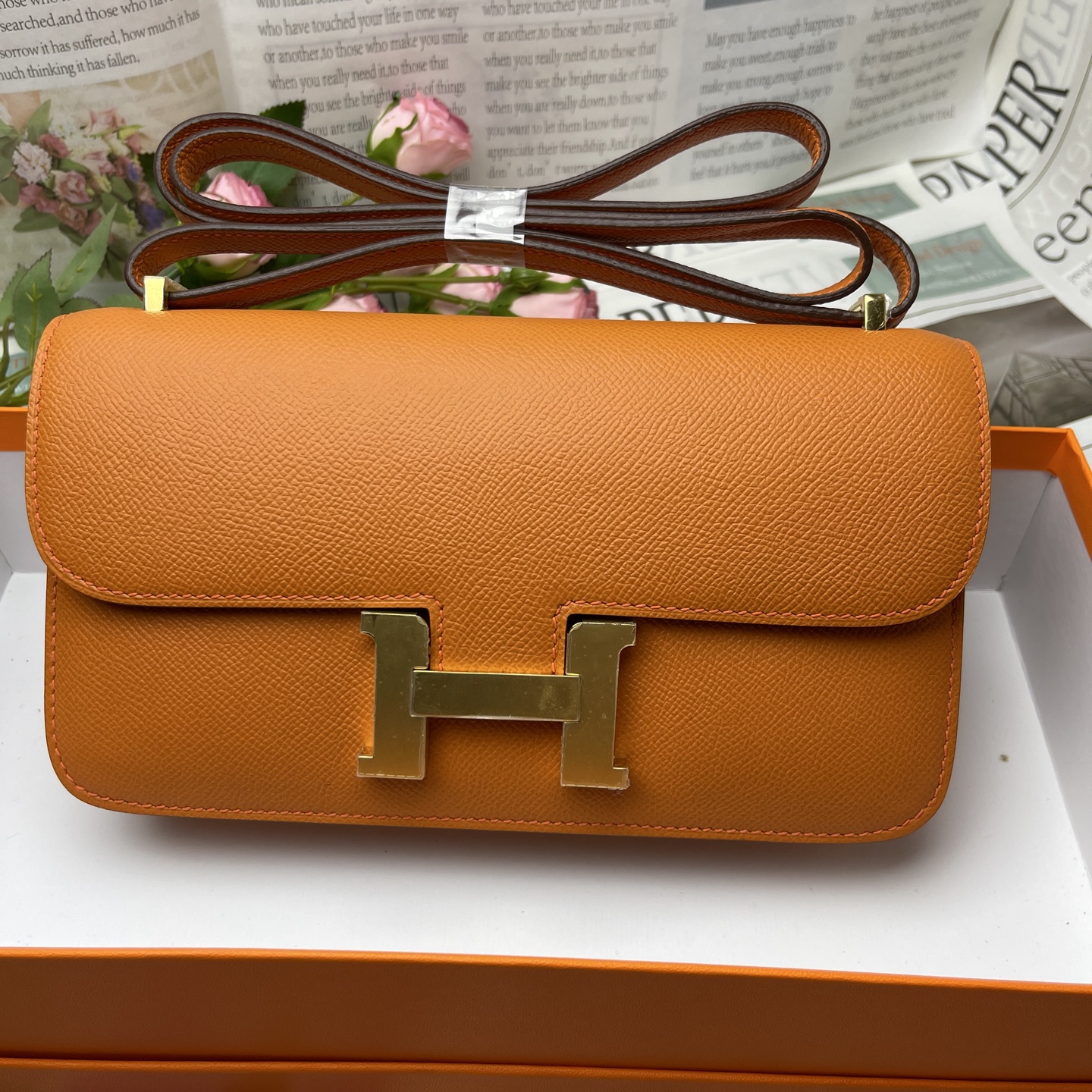 Hermes Constance Rectangular Flap Bag in Orange logo Gold