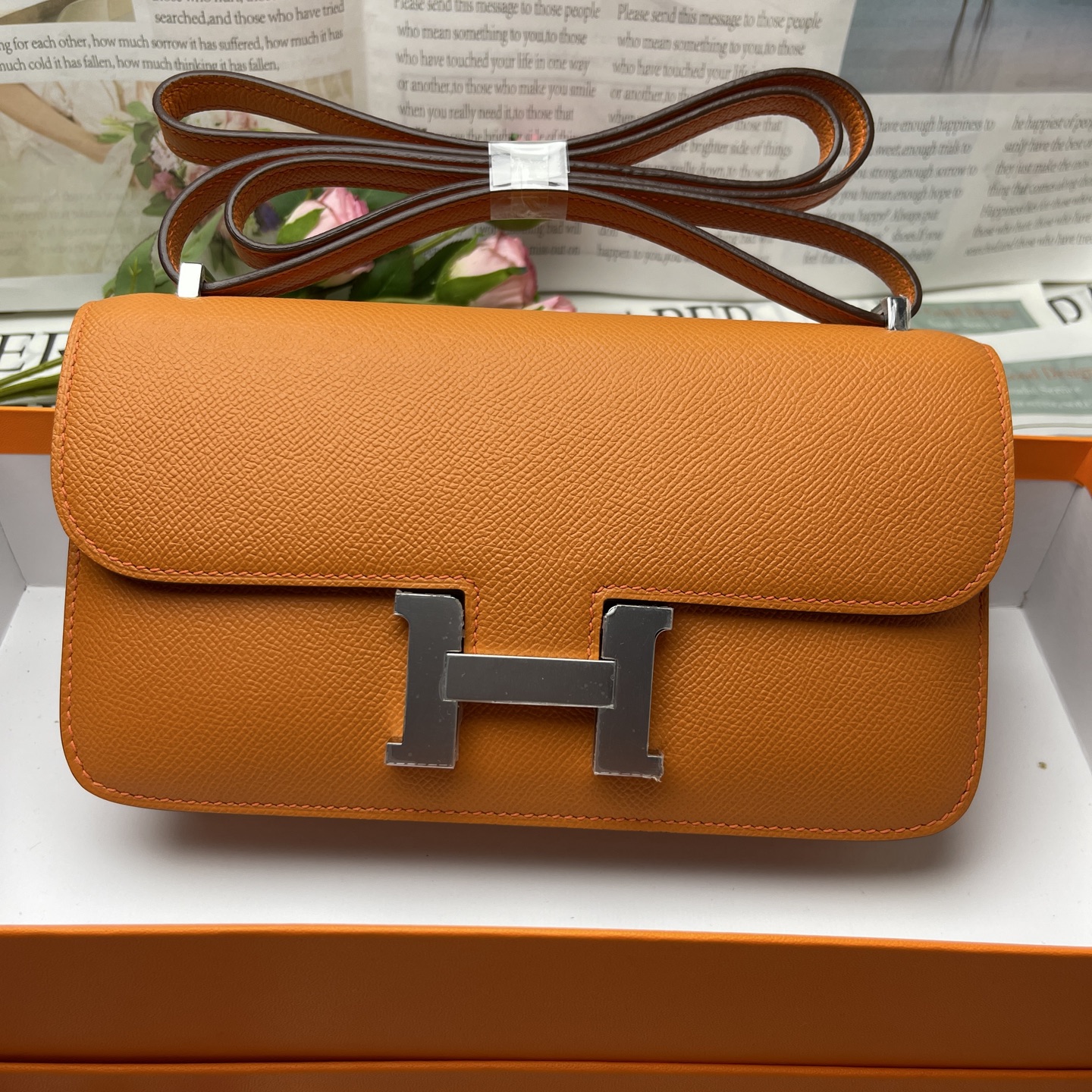 Hermes Constance Rectangular Flap Bag in Orange logo Silver