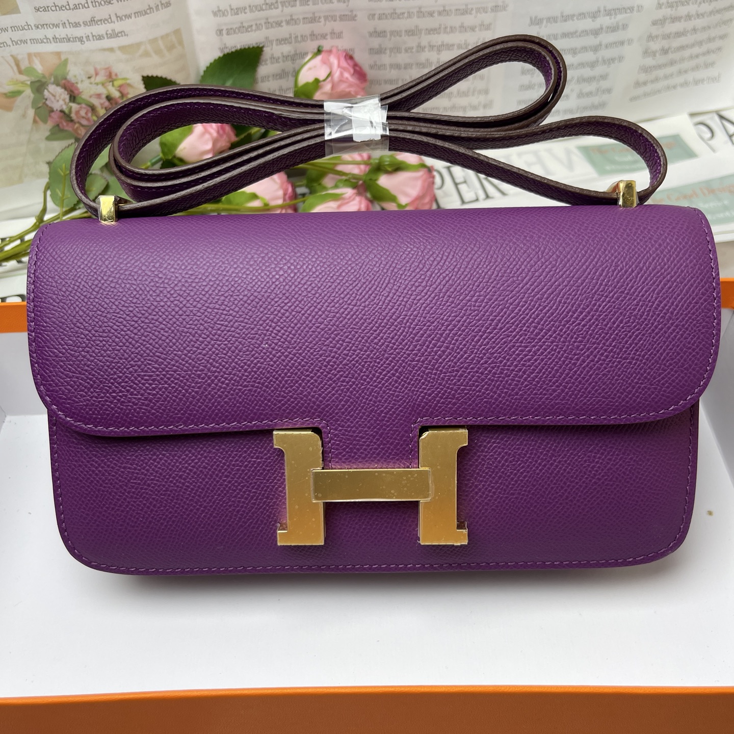 Hermes Constance Rectangular Flap Bag in Purple logo Gold