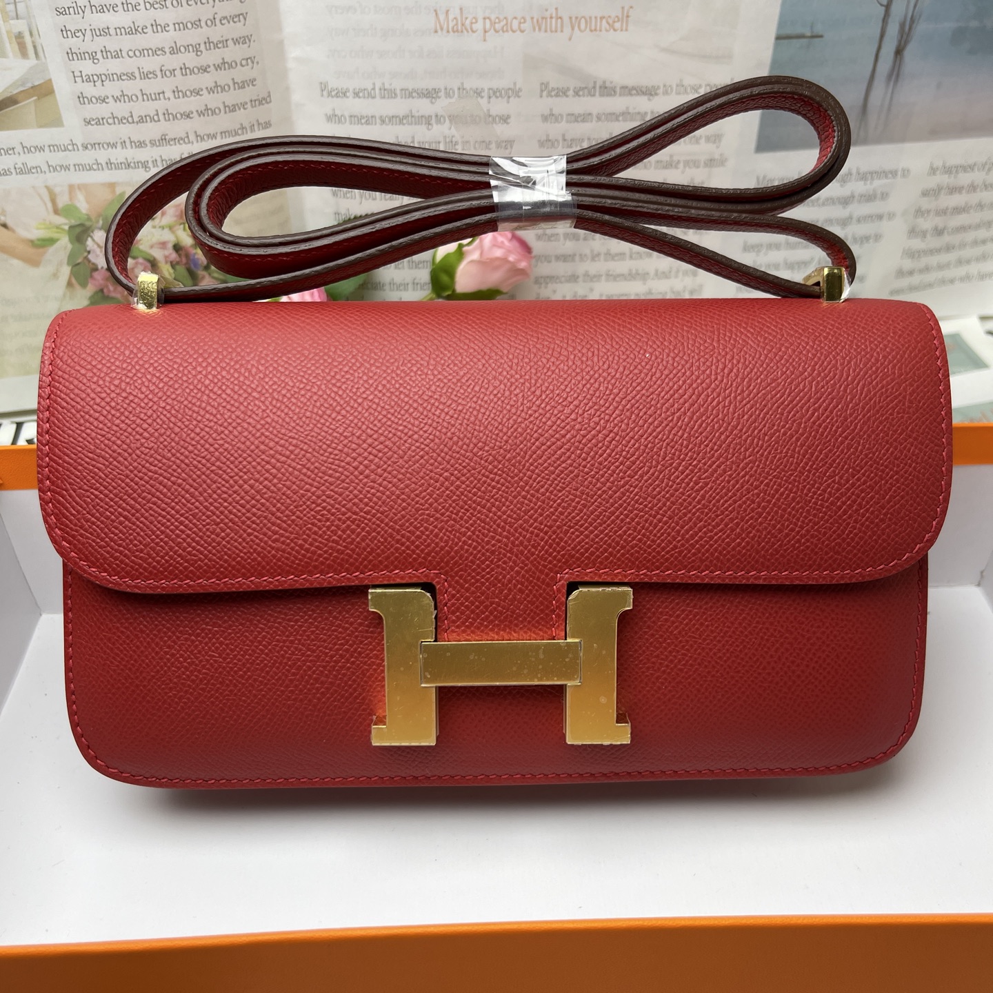 Hermes Constance Rectangular Flap Bag in Red logo Gold