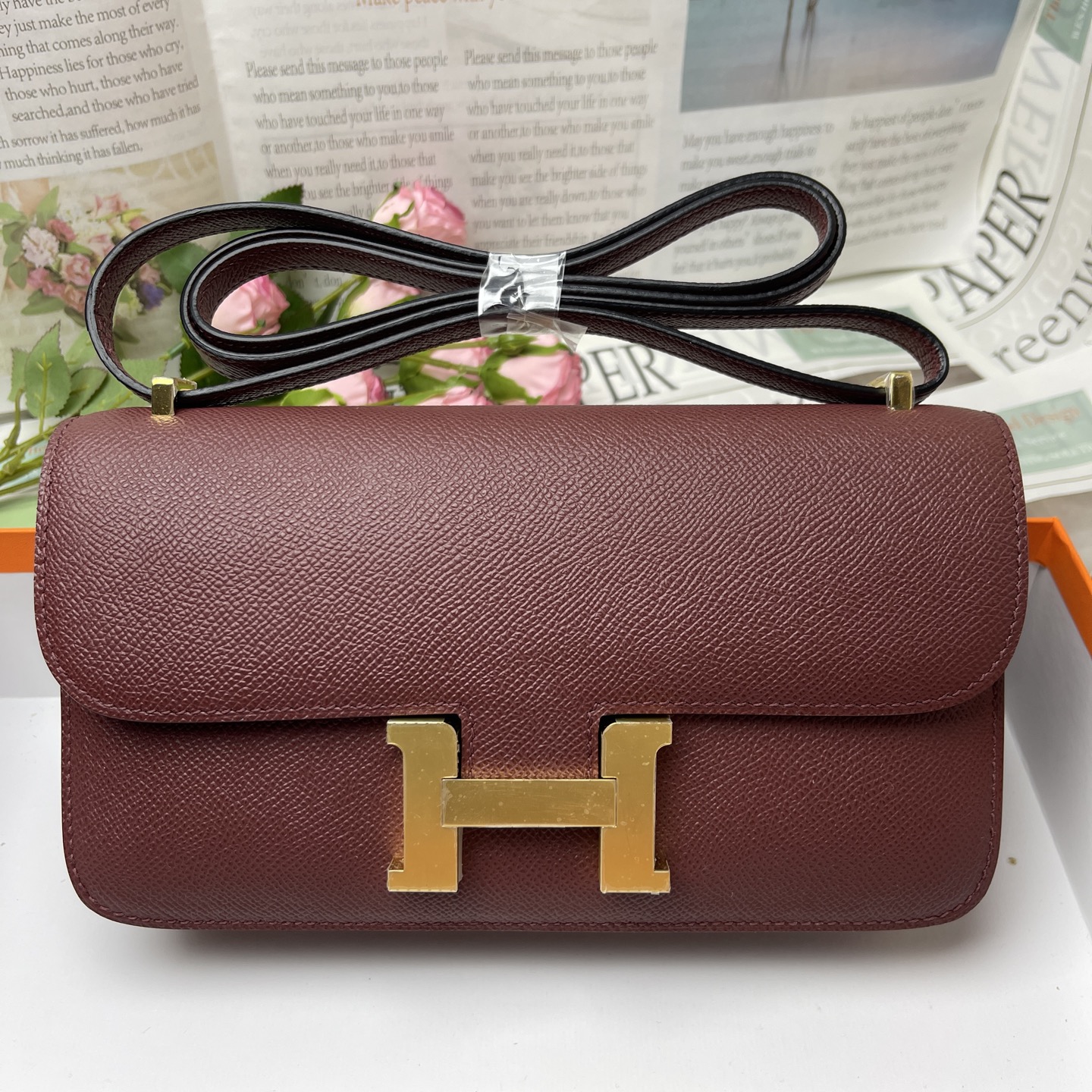 Hermes Constance Rectangular Flap Bag in Reddish Brown logo Gold