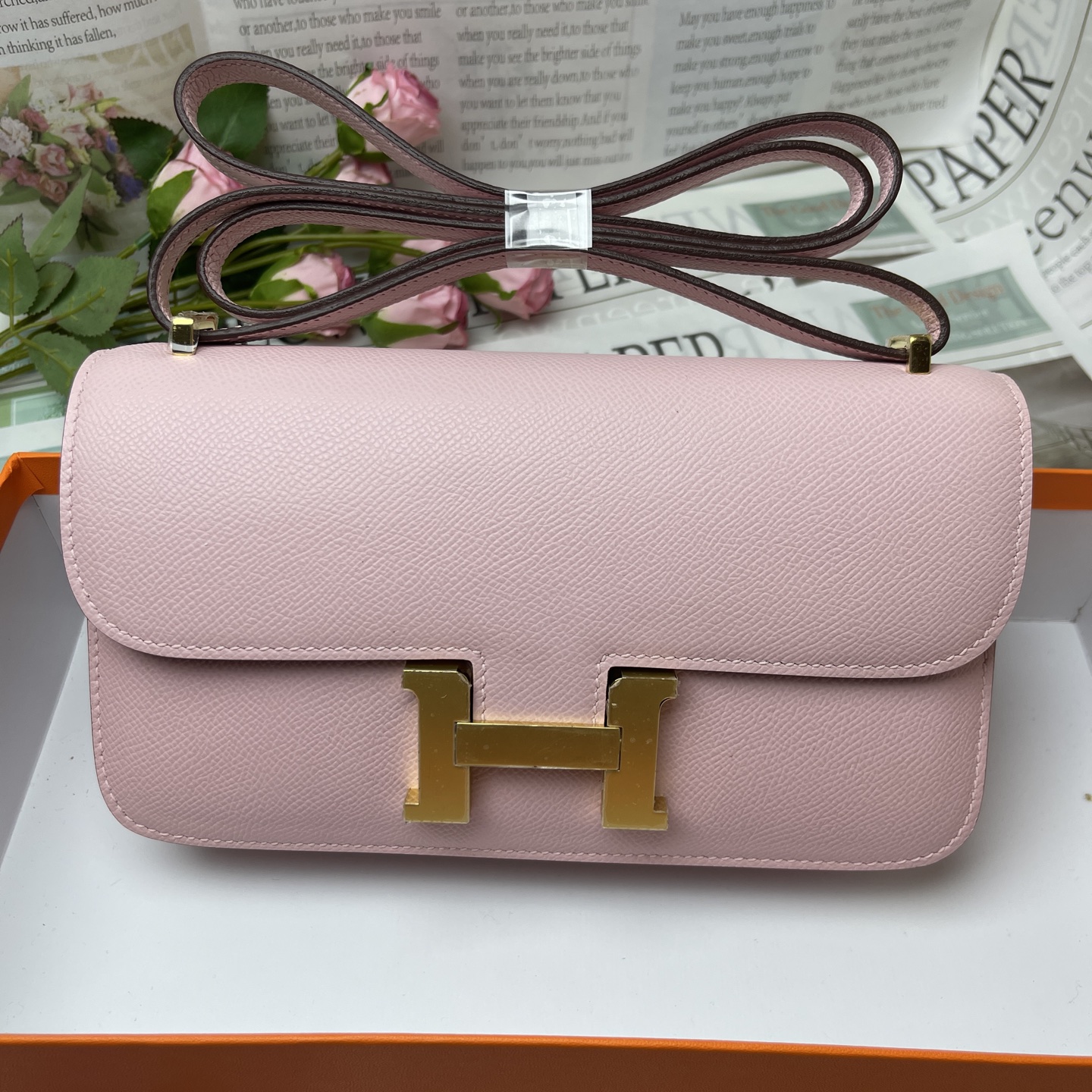 Hermes Constance Rectangular Flap Bag in Rose logo Gold