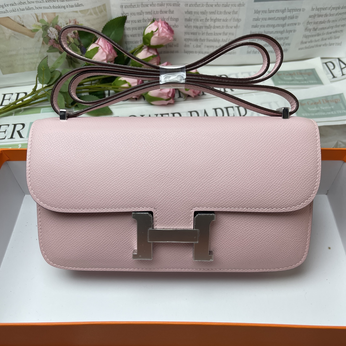 Hermes Constance Rectangular Flap Bag in Rose logo Silver