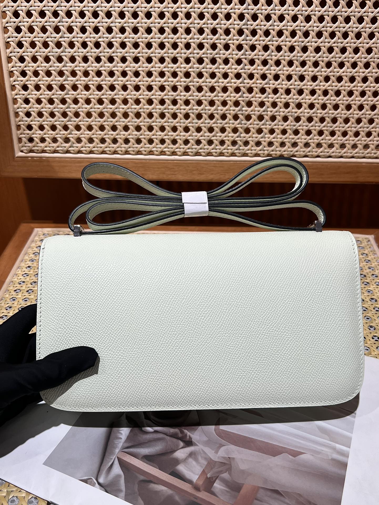 Hermes Constance white epsom leather clutch with gold tag