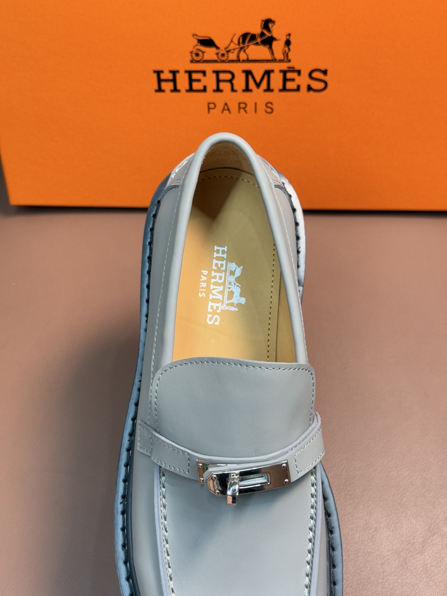 Hermes  Epsom Womens Destin Loafer GRAY Blanc Gomme