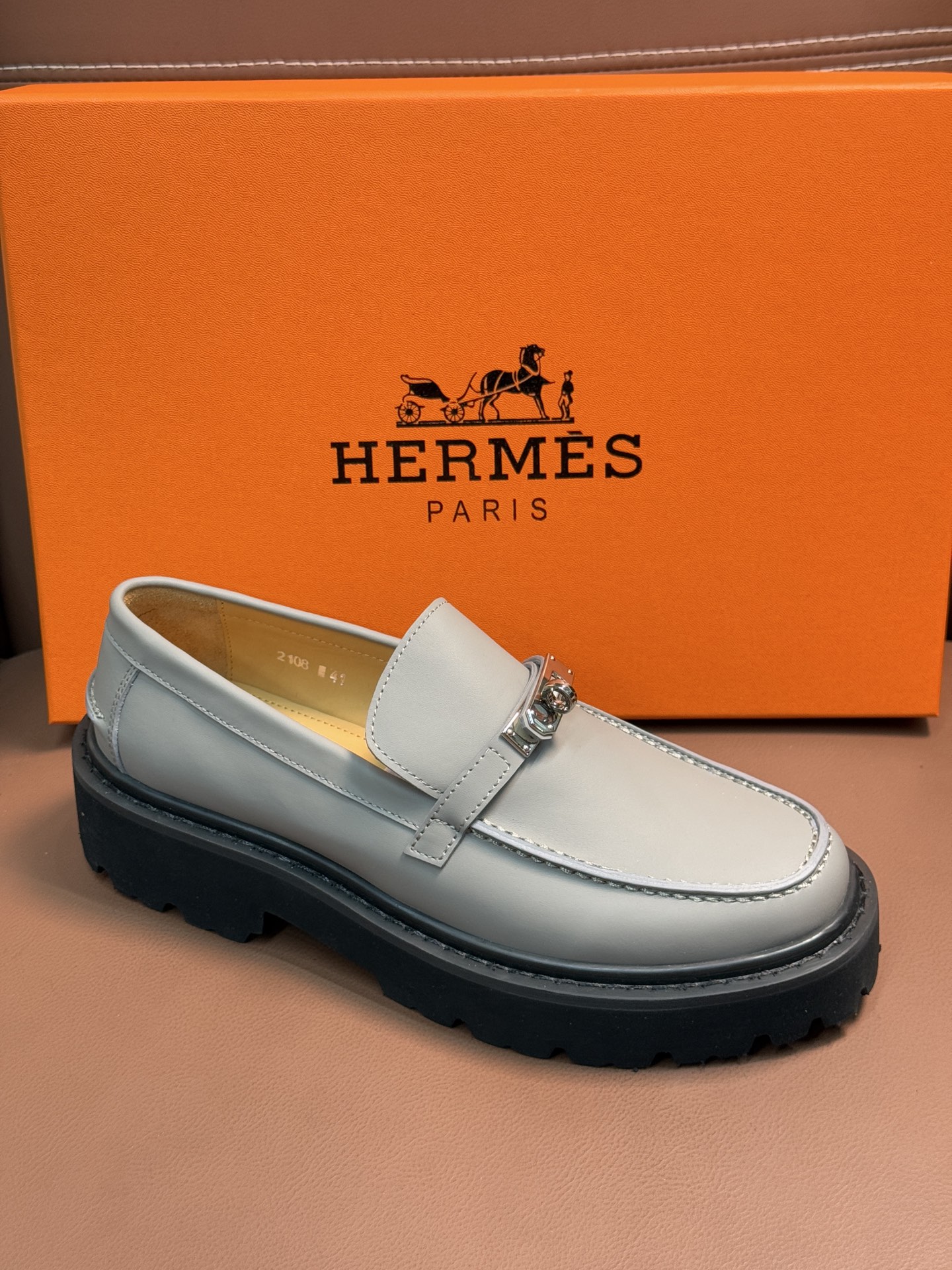 Hermes  Epsom Womens Destin Loafer GRAY Blanc Gomme