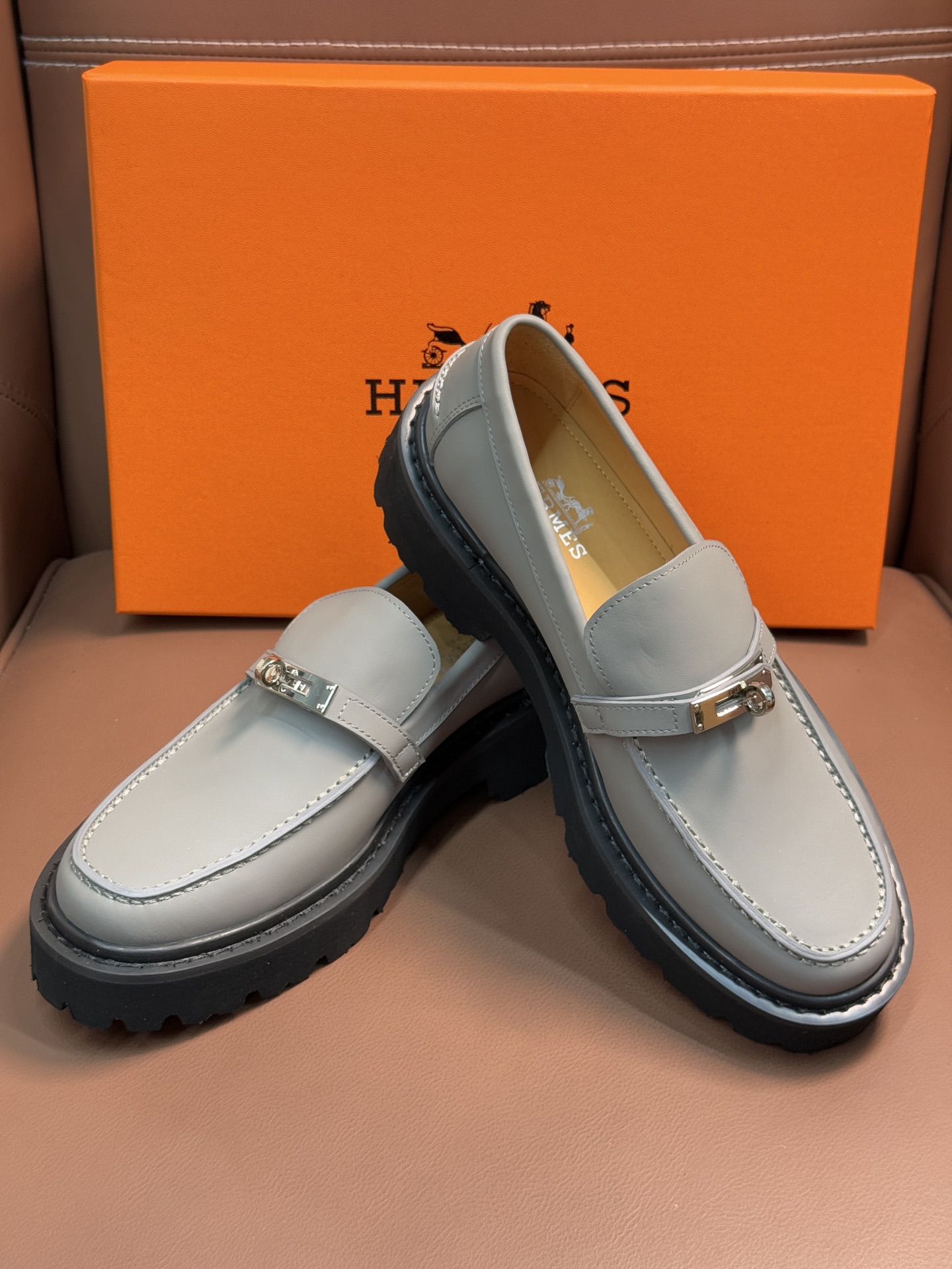 Hermes  Epsom Womens Destin Loafer GRAY Blanc Gomme