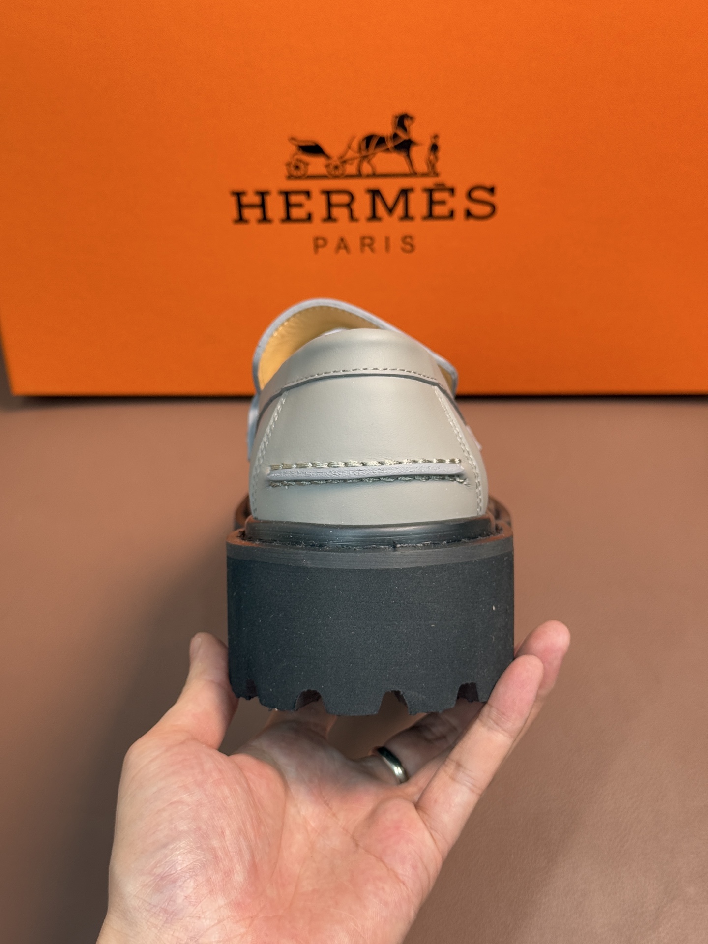 Hermes  Epsom Womens Destin Loafer GRAY Blanc Gomme