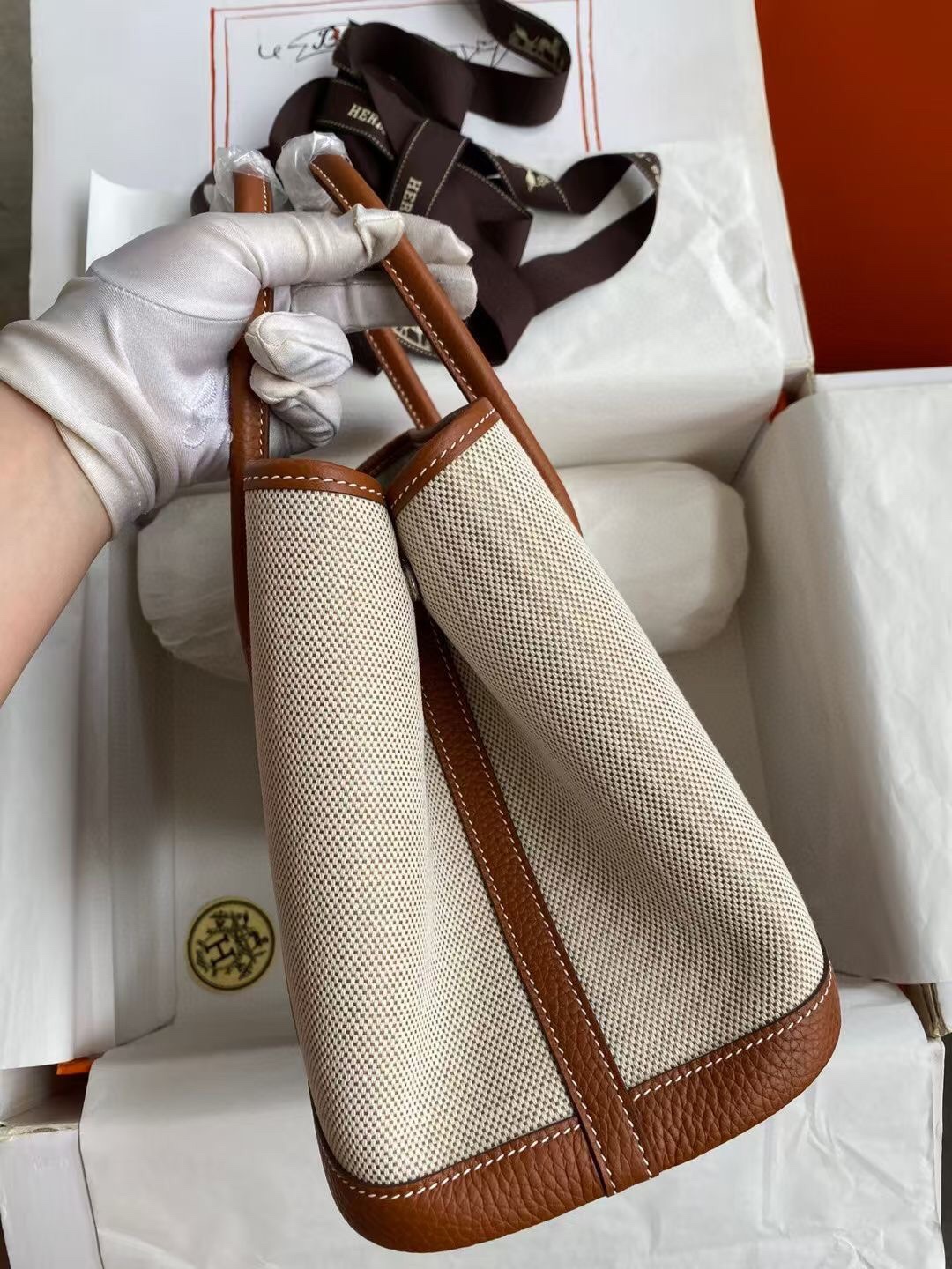 Hermes Garden Party Bag Canvas Palladium Hardware In Brown