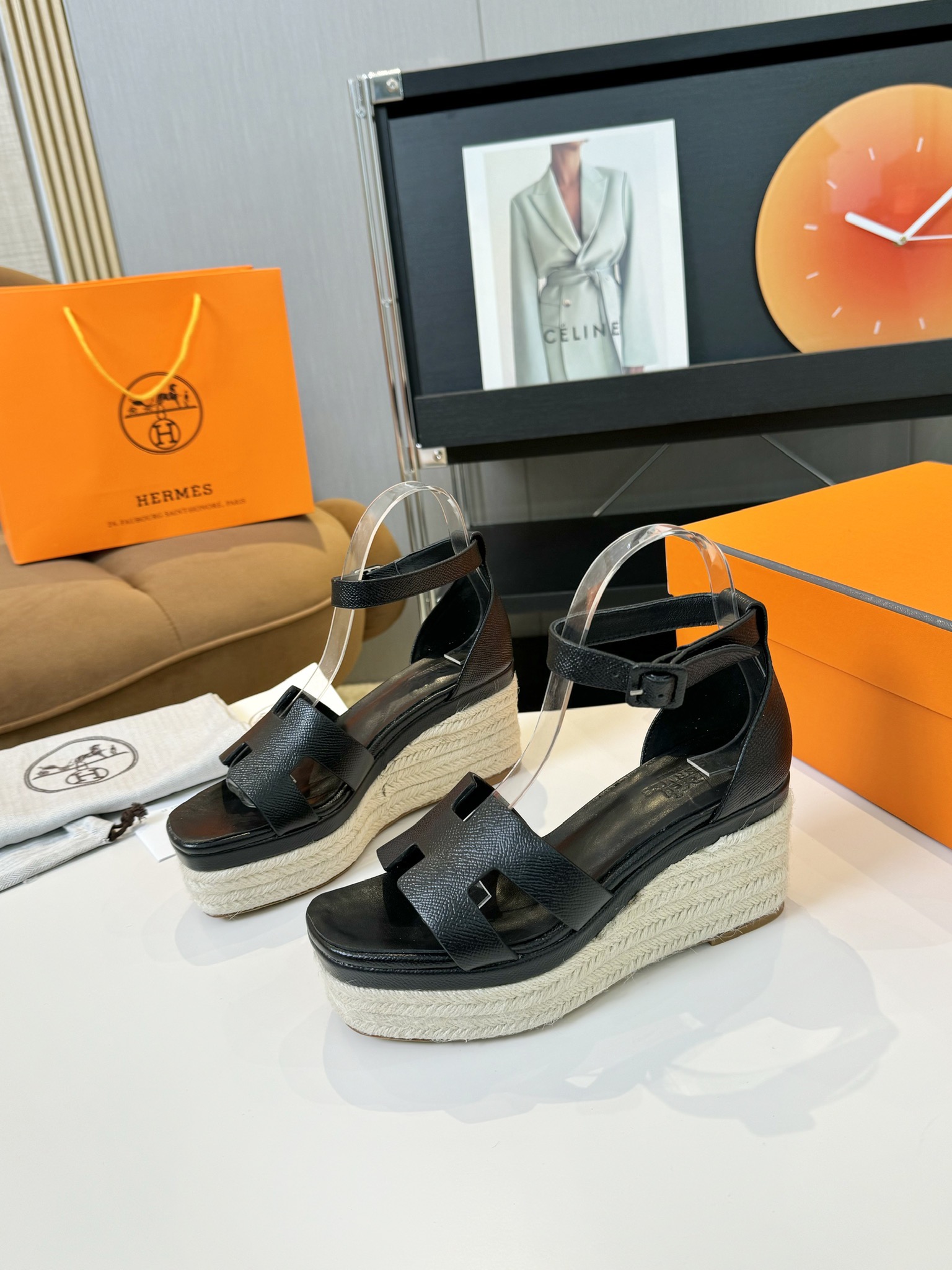 Hermes  Goatskin Elda Espadrille Wedge Sandals 38 Black