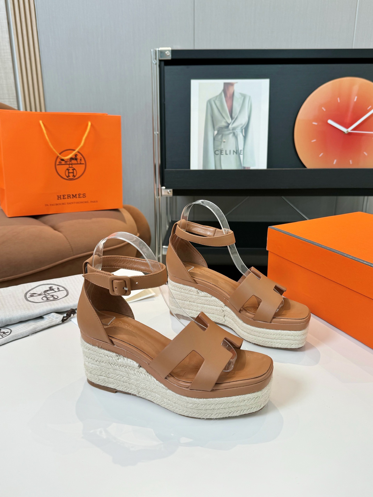 Hermes  Goatskin Elda Espadrille Wedge Sandals Natural