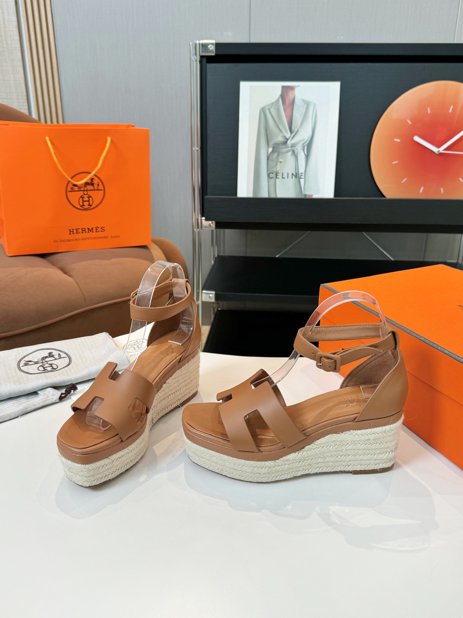 Hermès Caramel Leather Espadrille Wedges - Ankle Strap