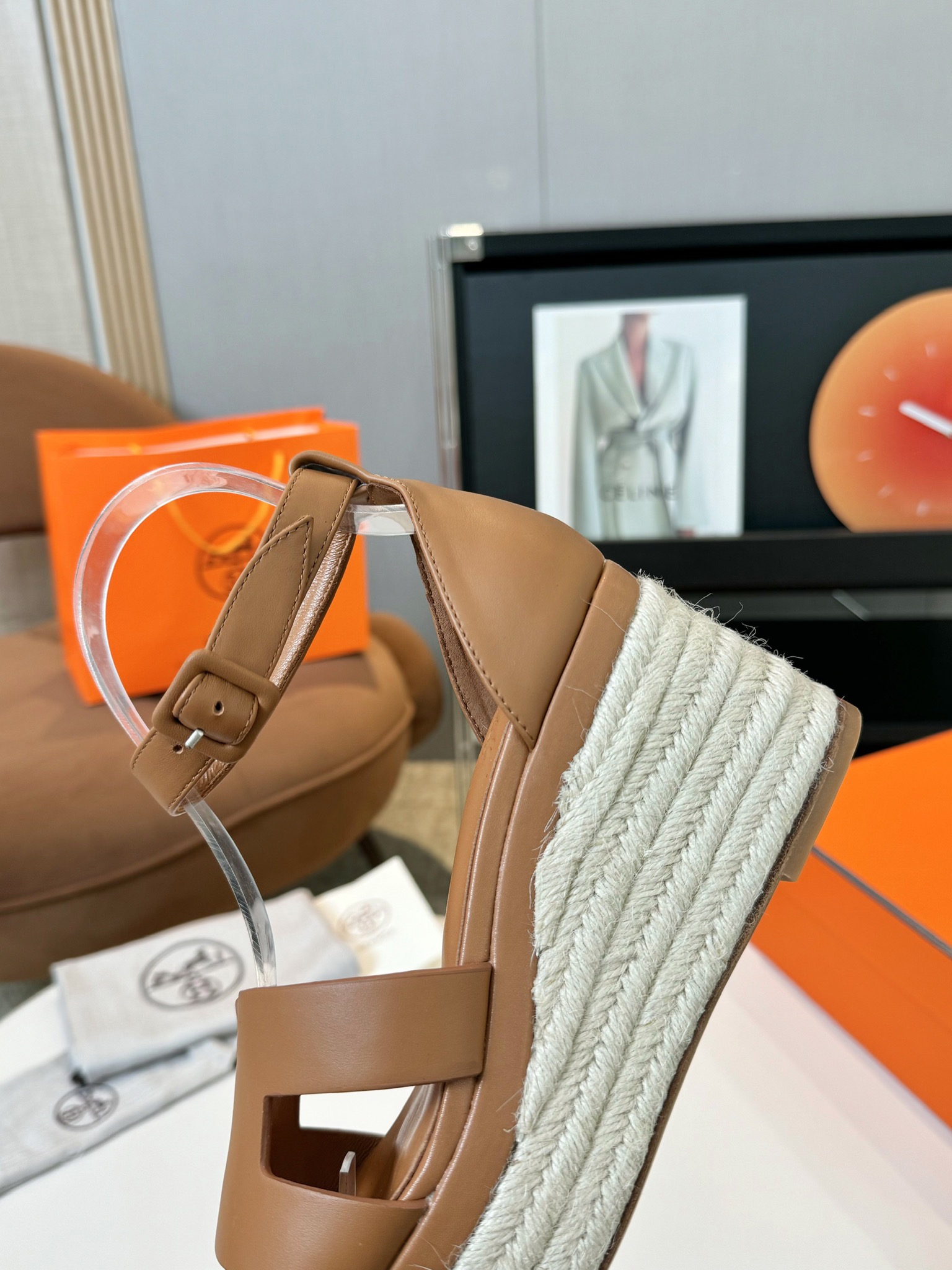 Hermes  Goatskin Elda Espadrille Wedge Sandals Natural