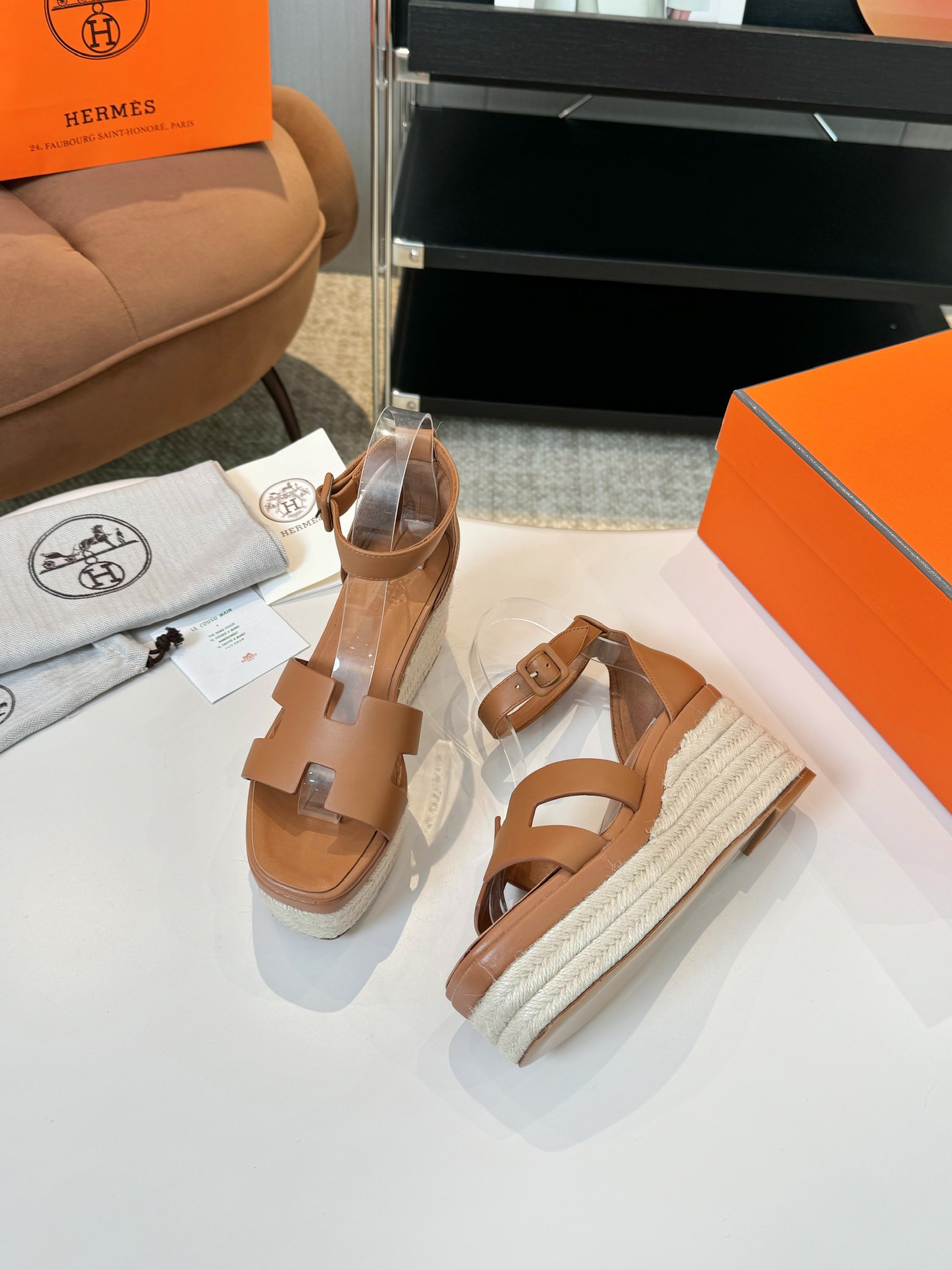 Hermes  Goatskin Elda Espadrille Wedge Sandals Natural