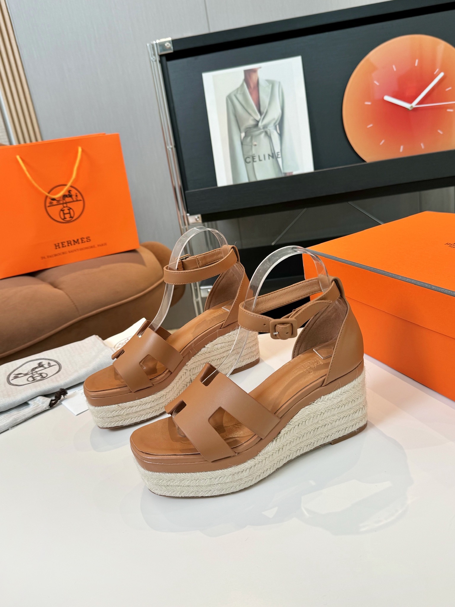 Hermes  Goatskin Elda Espadrille Wedge Sandals Natural