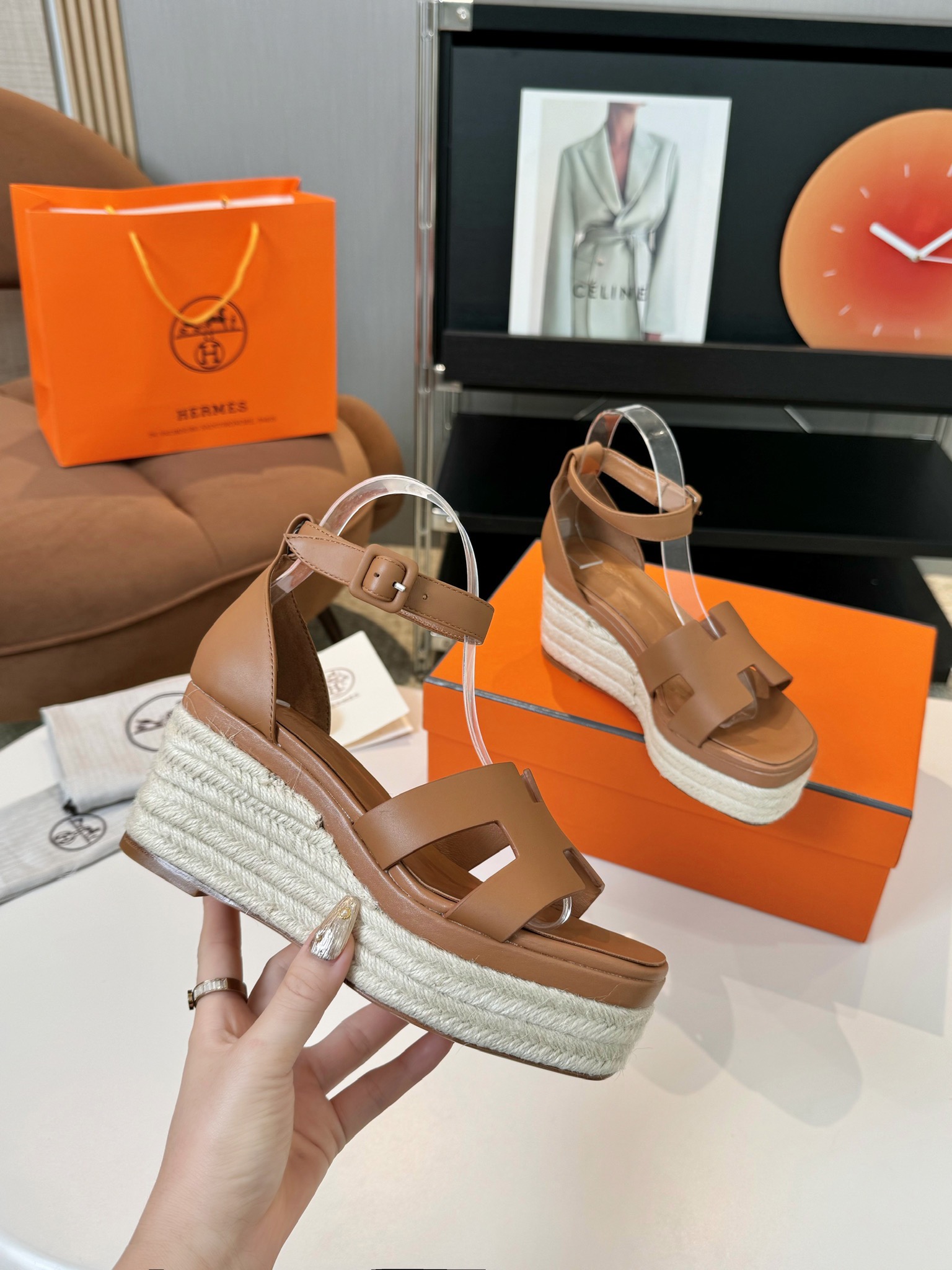 Hermes  Goatskin Elda Espadrille Wedge Sandals Natural