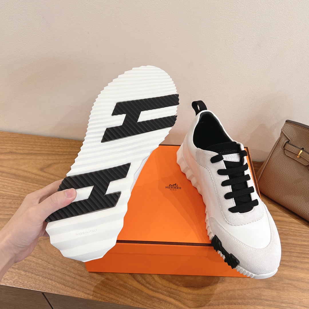Hermes  Goatskin Suede Goatskin Bouncing Sneakers  White Black
