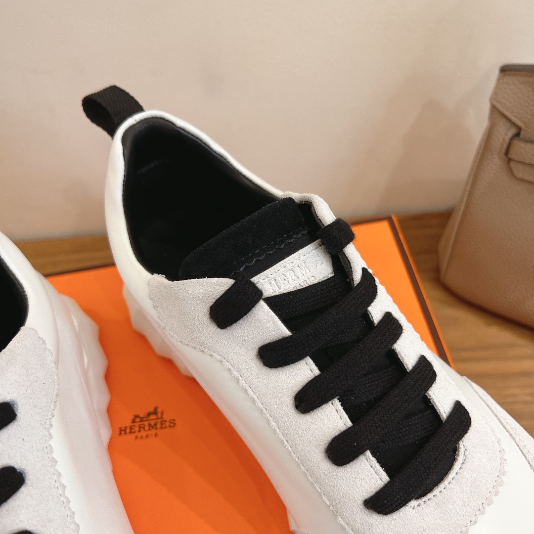 Hermes  Goatskin Suede Goatskin Bouncing Sneakers  White Black