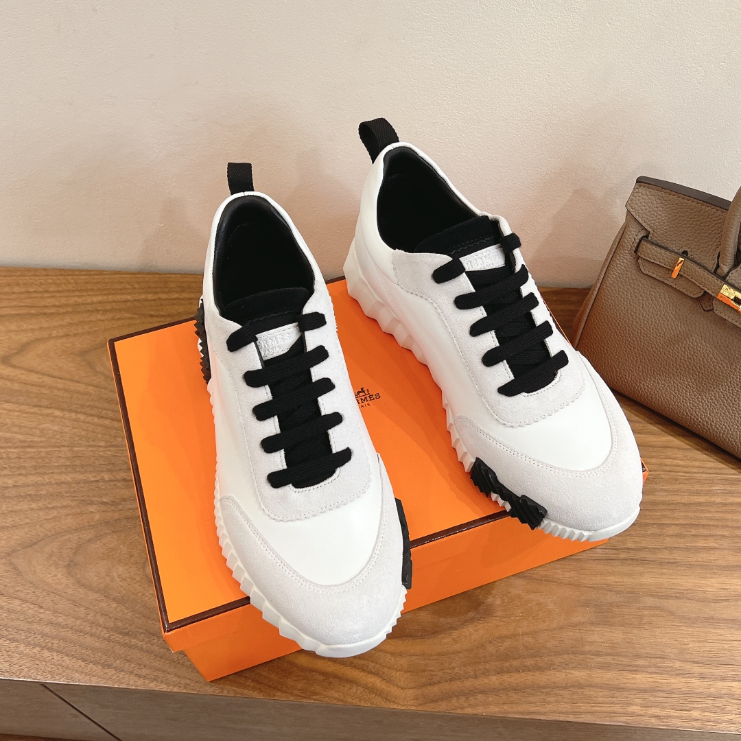 Hermes  Goatskin Suede Goatskin Bouncing Sneakers  White Black