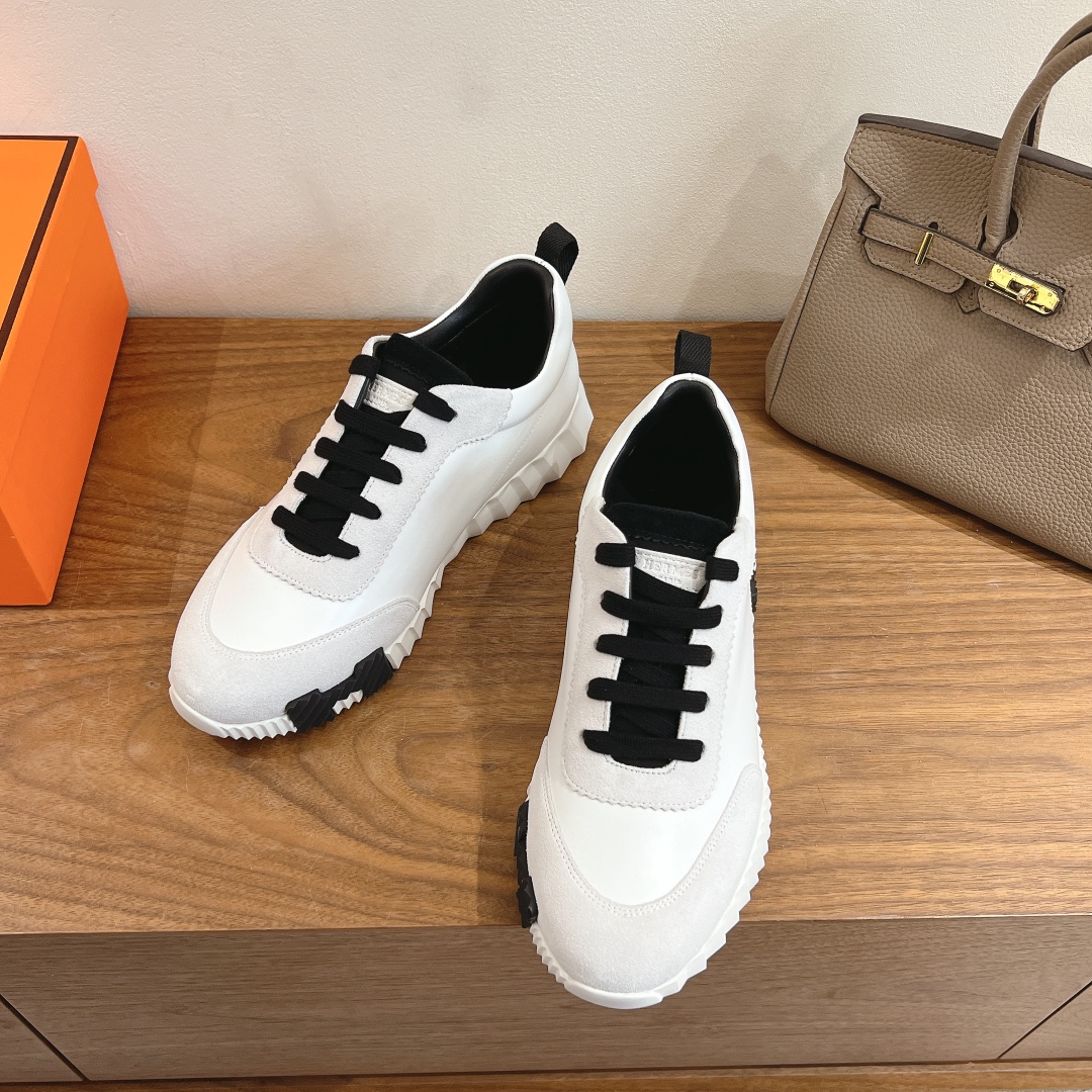 Hermes  Goatskin Suede Goatskin Bouncing Sneakers  White Black