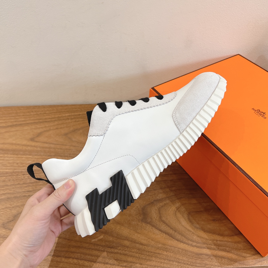 Hermes  Goatskin Suede Goatskin Bouncing Sneakers  White Black