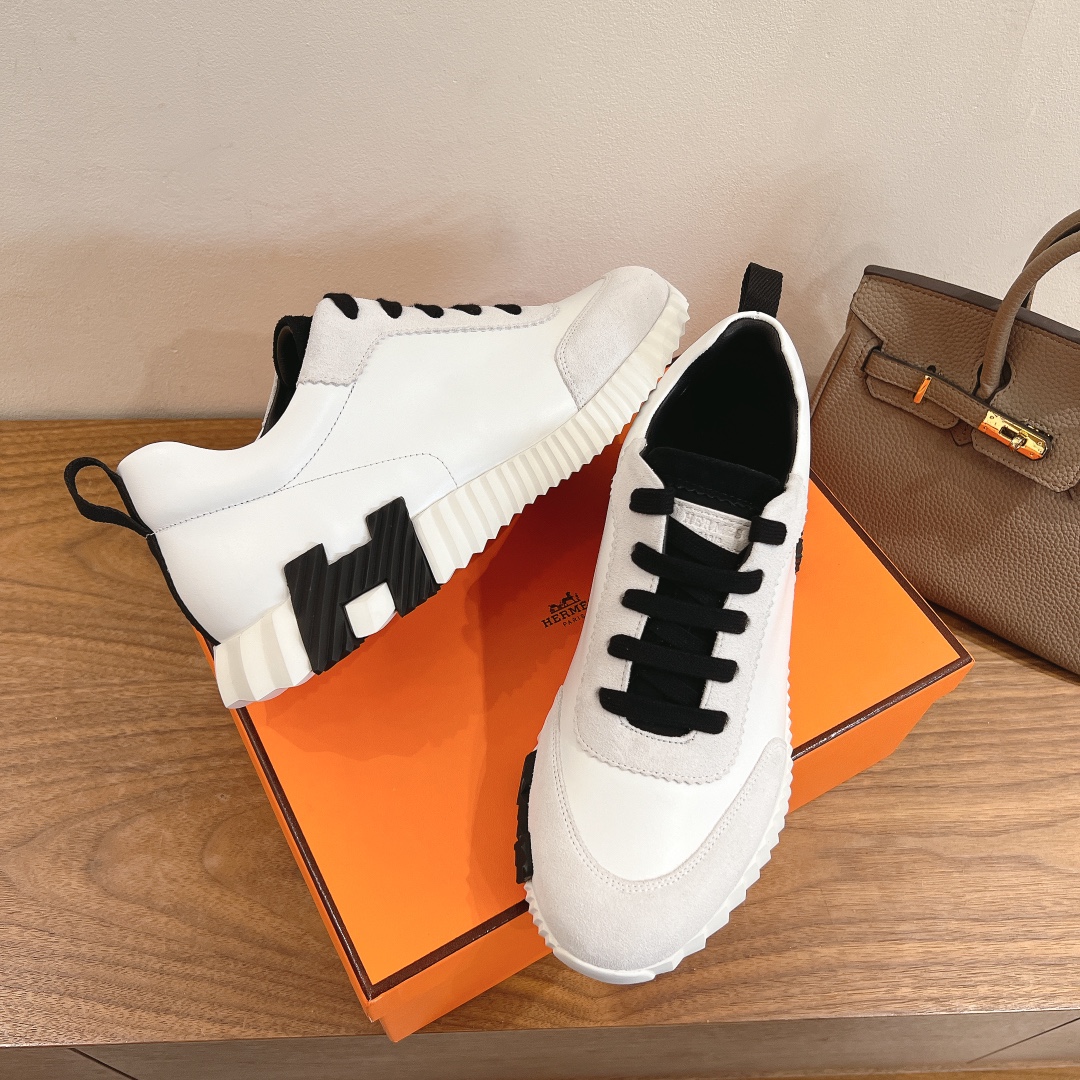 Hermes  Goatskin Suede Goatskin Bouncing Sneakers  White Black