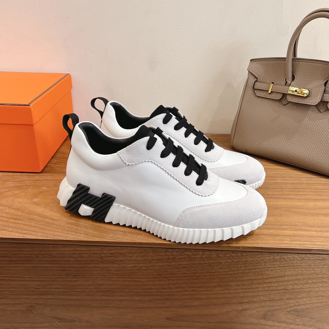 Hermes  Goatskin Suede Goatskin Bouncing Sneakers  White Black