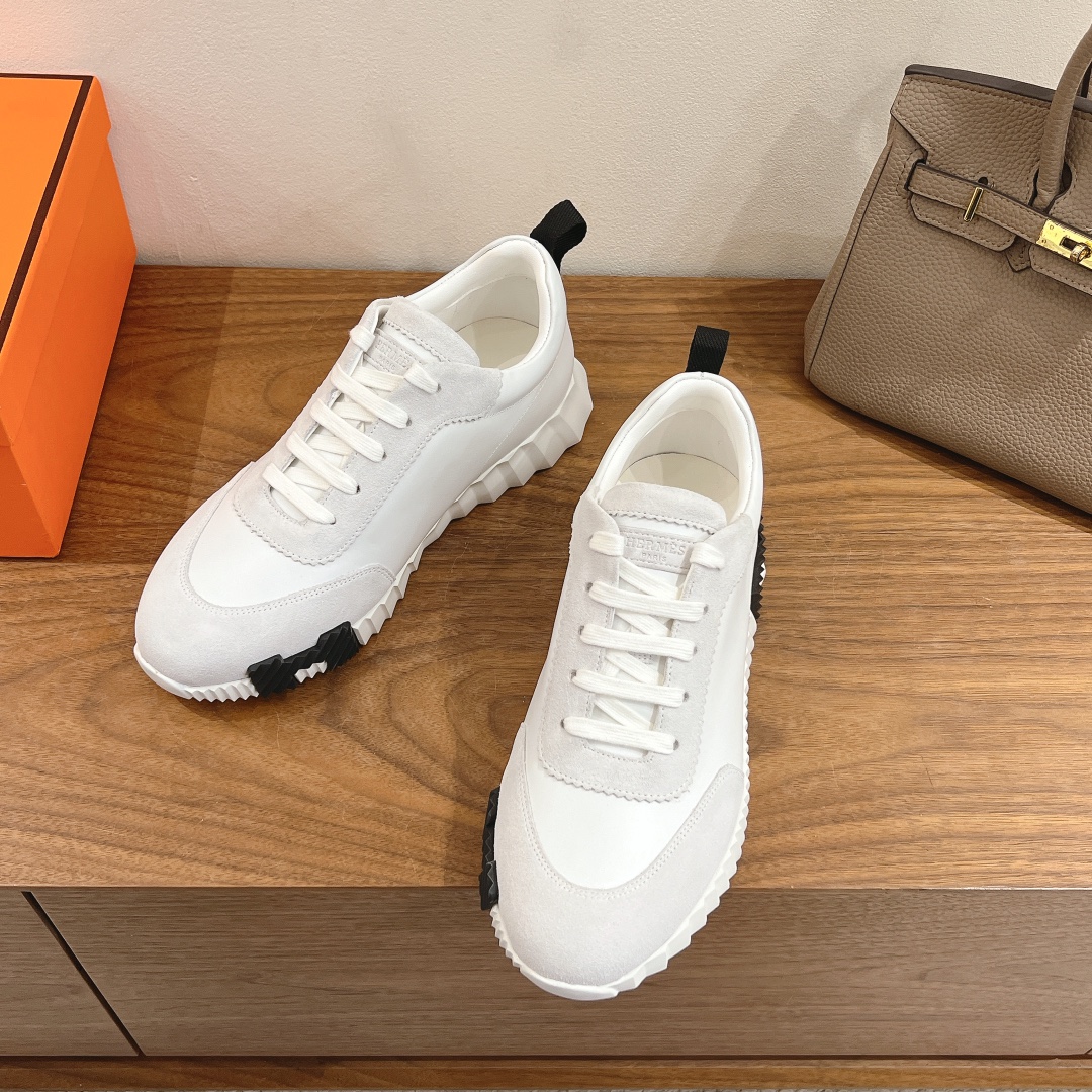 Hermes  Goatskin Suede Goatskin Womens Bouncing Sneakers White