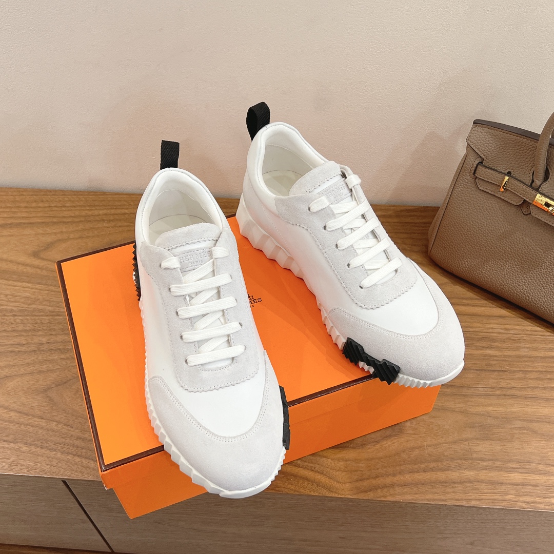 Hermes  Goatskin Suede Goatskin Womens Bouncing Sneakers White