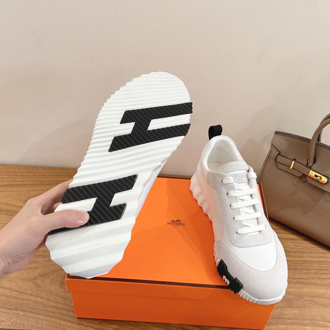 Hermes  Goatskin Suede Goatskin Womens Bouncing Sneakers White
