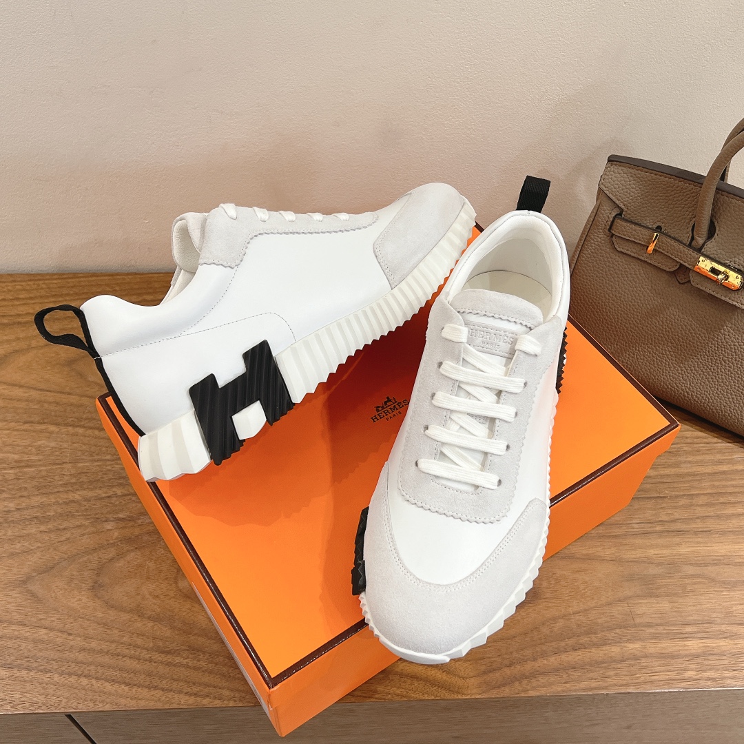 Hermes  Goatskin Suede Goatskin Womens Bouncing Sneakers White