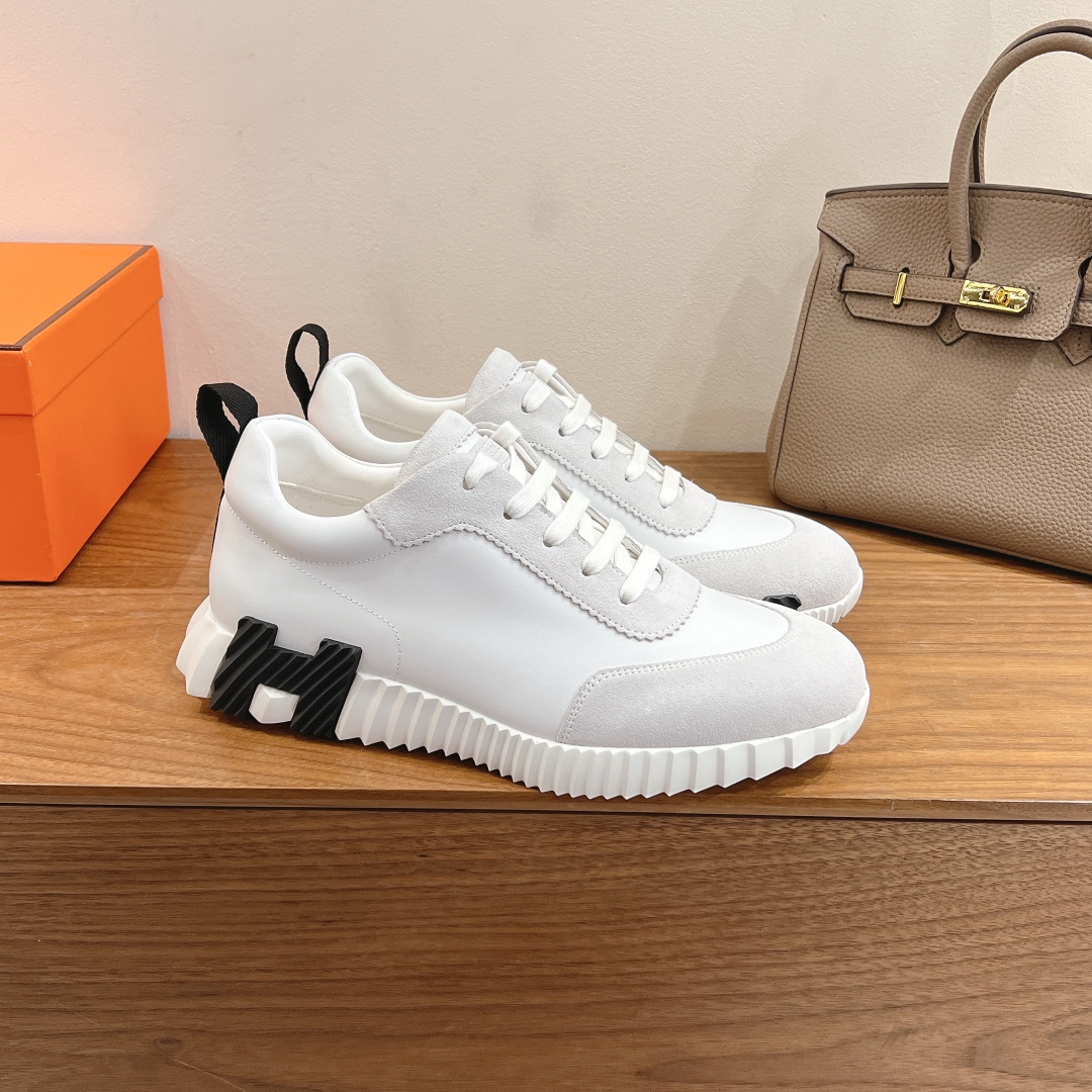 Hermes  Goatskin Suede Goatskin Womens Bouncing Sneakers White