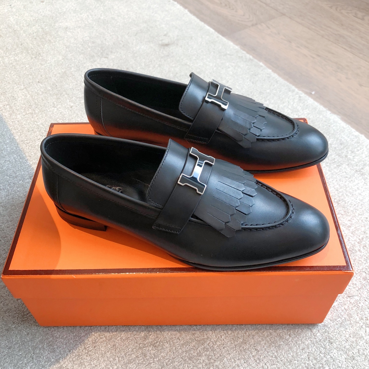 silver Hermès Matte Black Leather Loafers - Hermès Matte Black Leather