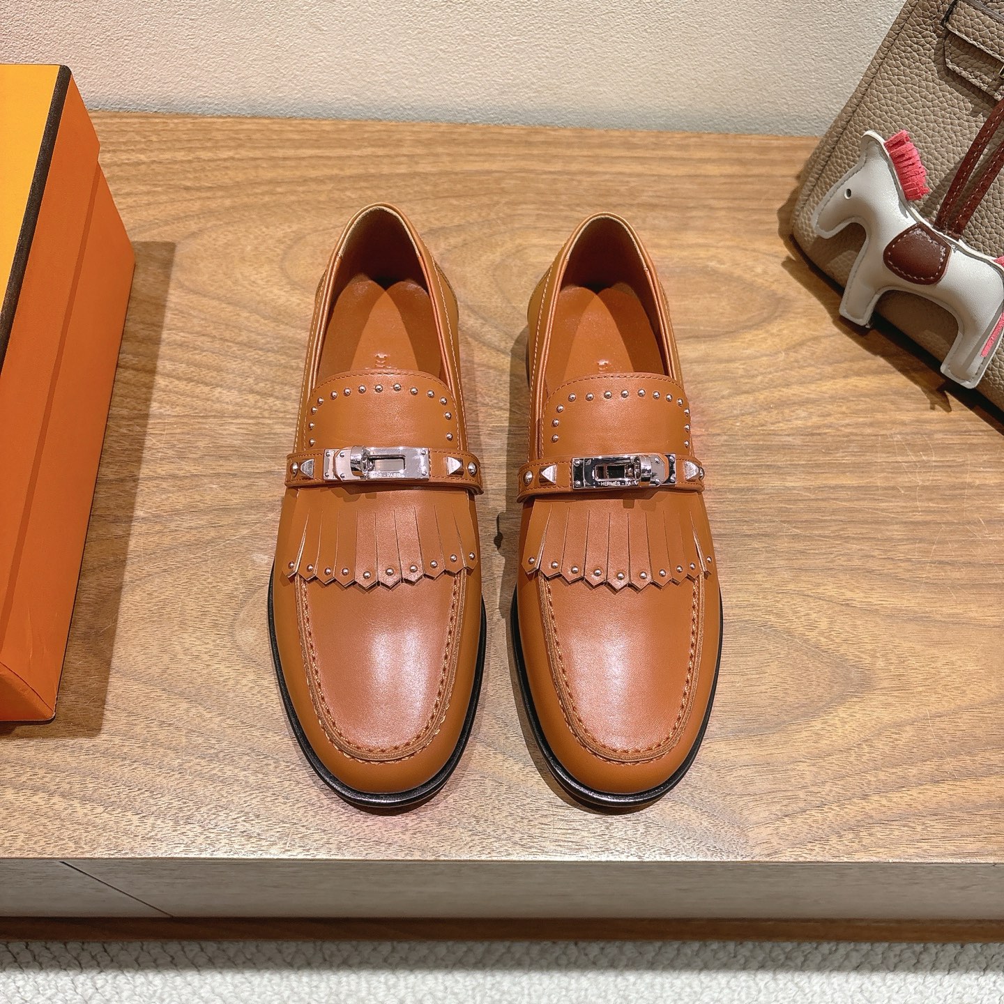 silver Hermès Tan Leather Fringe Loafers - Hermès Tan Leather Fringe