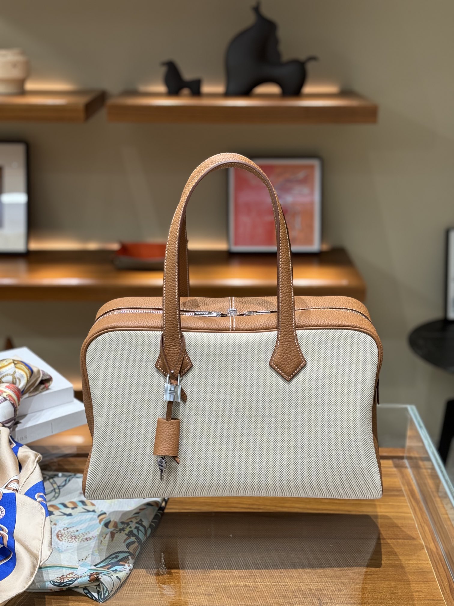 Hermes Hermes Victoria 2 35 Handbag Brown WHite Leather