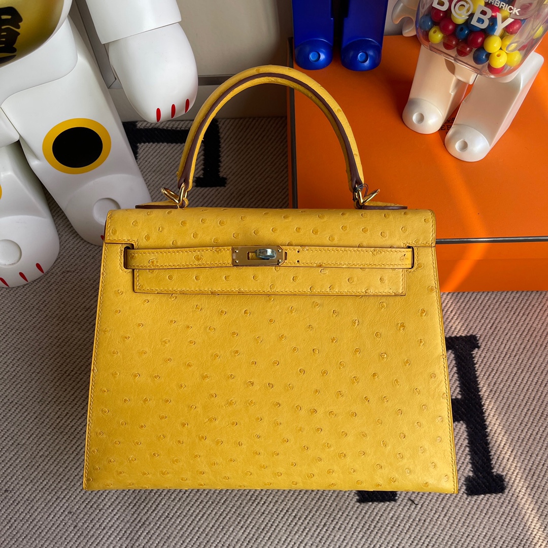 HERMES Jaune de Naples Ostrich Mini Kelly 20 II Palladium Hardware
